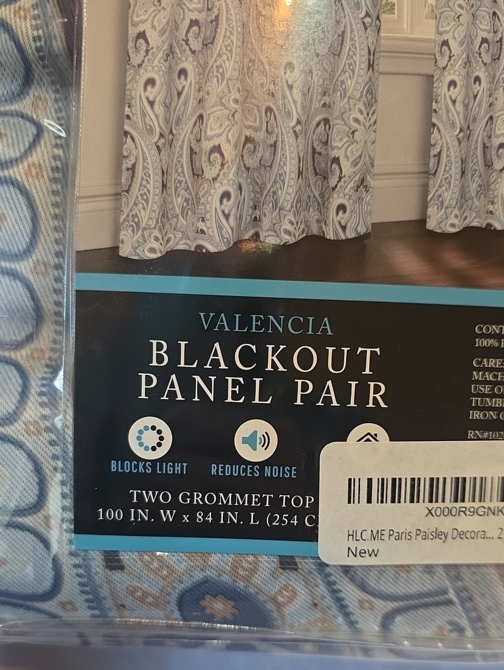 Valencia NEW Pair Blackout Curtain Panels Grommets Paisley Blue Beige 100x84 - Picture 6 of 7